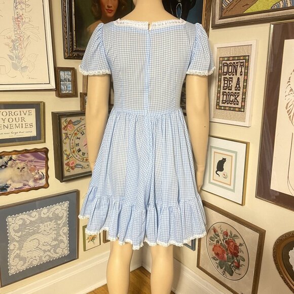 Vintage Blue Gingham Puff Sleeve Dress With Lace Trim & Square Neckline Size XL - Picture 5 of 5